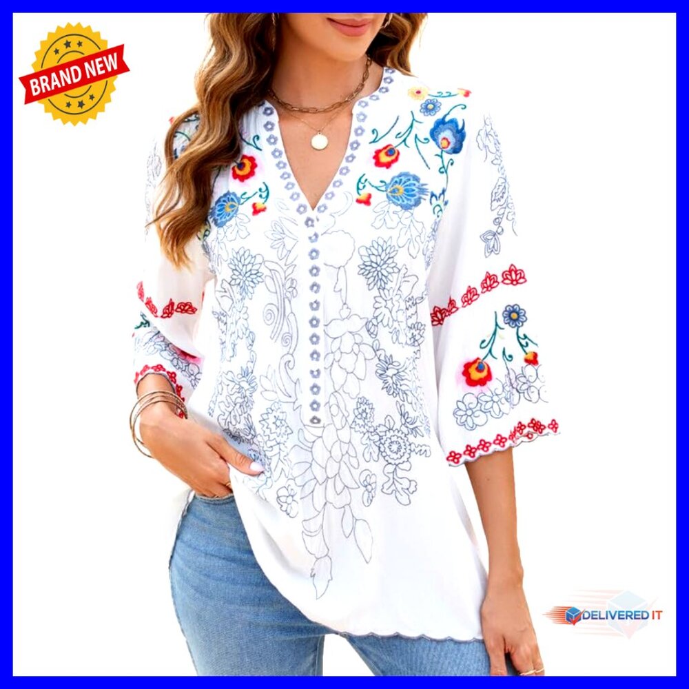 Embroidered Cotton Peasant Blouse 3/4 Sleeve V Neck Boho Tunic Summer Top
